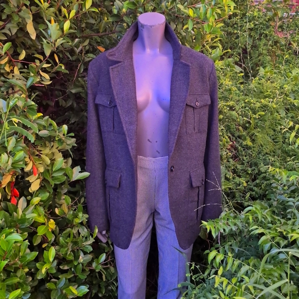 Banana Republic (Vietnam) Ladies Dark Gray Herringbone Wool Blend Military Coat
